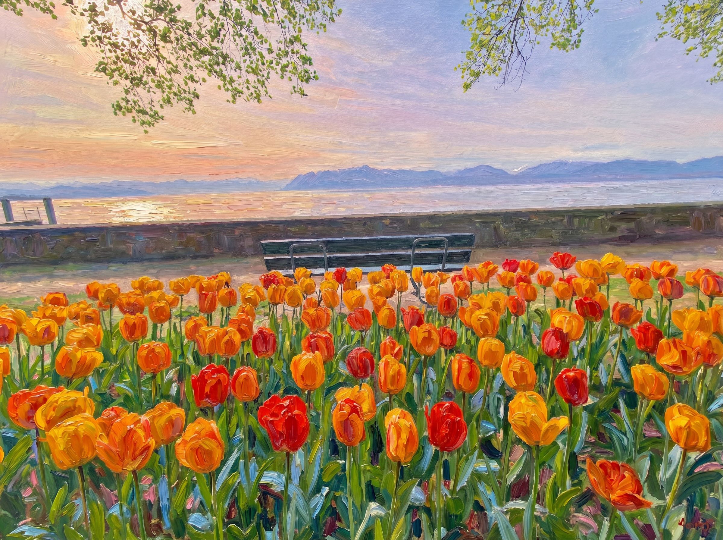 Tableau impressionniste « Tulipes du Léman » — photo de paysage suisse transformée en peinture par Home Art by You
