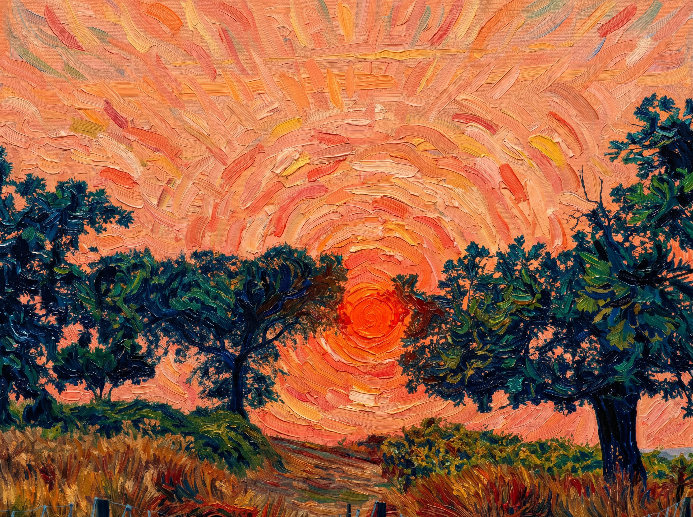 Tableau « Coucher de soleil » — Post-impressionnisme · Van Gogh | photo transformée en peinture